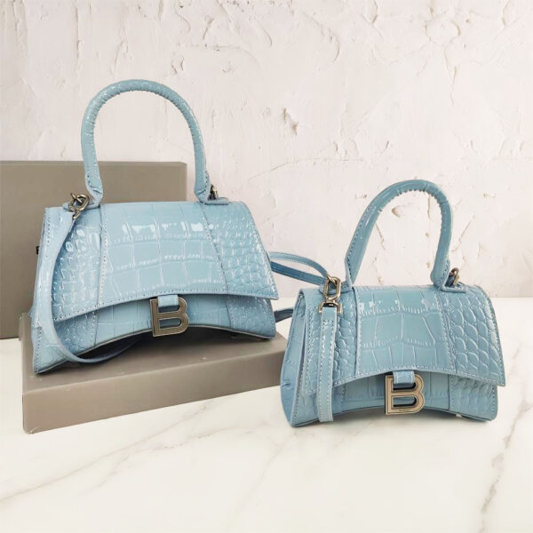 Balenciaga Hourglass Croc-Embossed Light Blue Top Handle Handbag