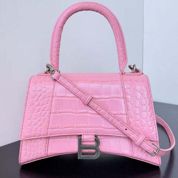 Balenciaga Hourglass Croc-Embossed Pink Top Handle Handbag